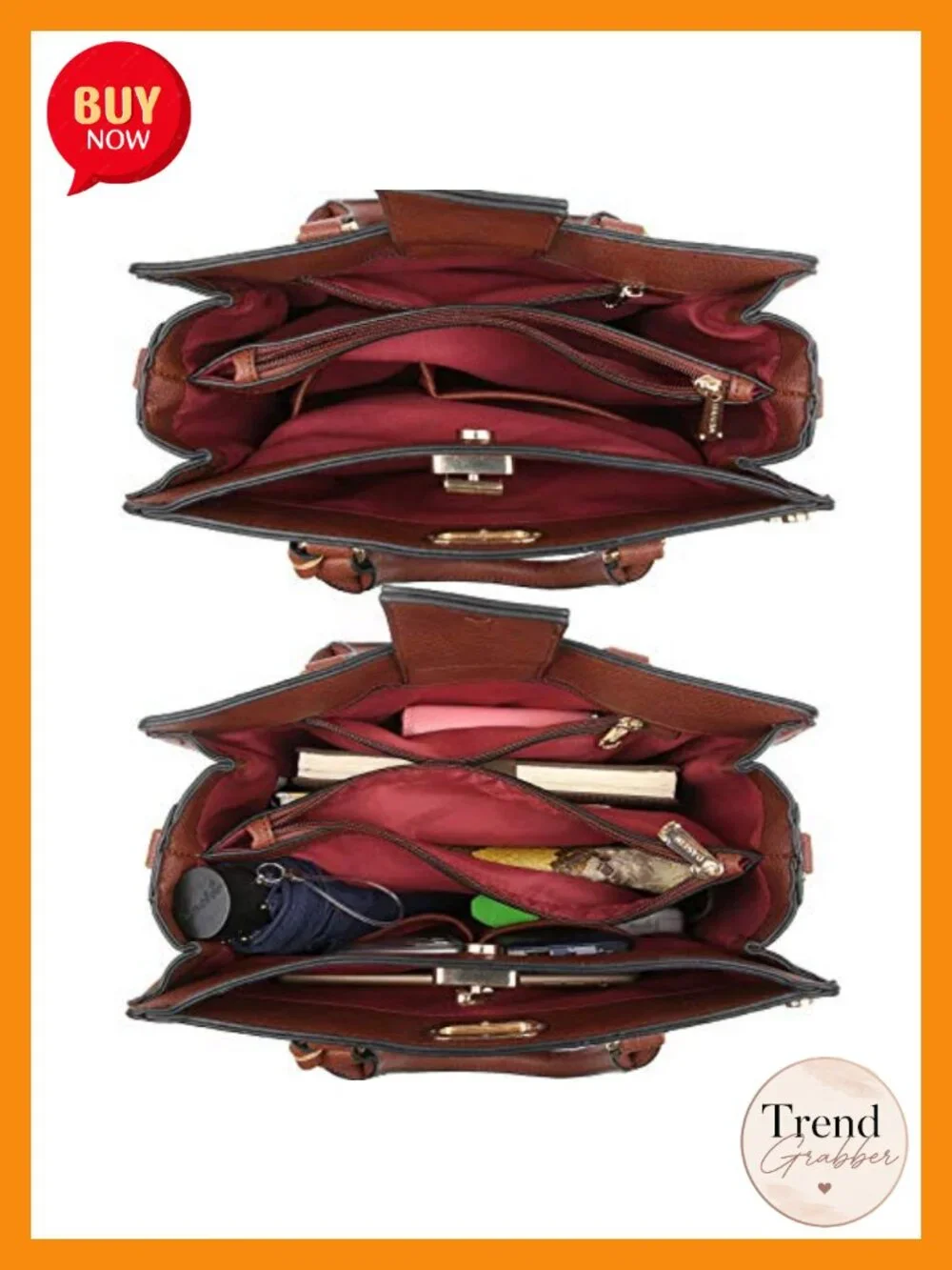 Vegan Leather Satchel Handbag with Matching Clutch - 2 Pieces Set Work Tote